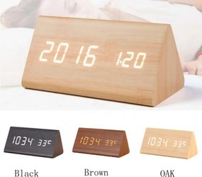 Ξύλινο Τριγωνικό Ψηφιακό Ρολόι με οθόνη LED, Ξυπνητήρι, Θερμόμετρο - Καφέ