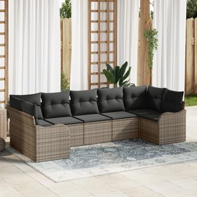 Σετ 7 τεμαχίων κήπου με μαξιλάρια γκρι πολυ rattan, Διθέσιος καναπές κήπου με μαξιλάρια γκρι πολυ rattan