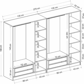 Εξαφυλλη Ντουλαπα Λευκο/Μαυρο KALEO 52x270x190