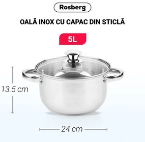 Κατσαρόλα Rosberg R51210O24, 5L, 24 cm, Γυάλινο καπάκι με τρύπα εκτόνωσης ατμού, Inox