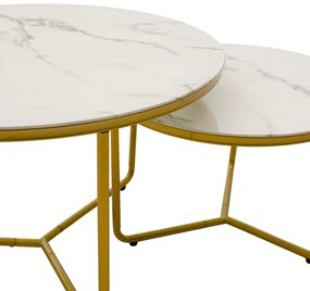 Τραπέζια σαλονιού Paris pakoworld σετ 2 τμχ γυαλί 8mm σχέδιο μαρμάρου-χρυσό