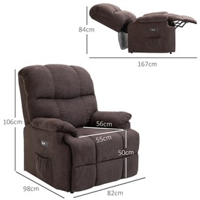 HOMCOM Πολυθρόνα Relax, Ανακλινόμενη Πολυθρόνα Ανύψωσης, Ρυθμιζόμενη, με Θύρα USB, Πλαϊνή Τσέπη, Υποπόδιο, Αφρός, Καφέ