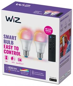 Έξυπνη Λάμπα 2xE27 60W A60 LED Λευκό Σετ RGBW 3CCT Dimmable Τηλεχειριστήριο 929003649601 Wiz 929003649601 Λευκό