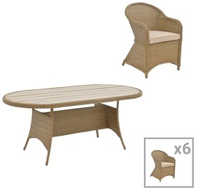 Tραπεζαρία Hadrian-Keir pakoworld σετ 7τεμ καφέ rattan-μπεζ textilene-καφέ αλουμίνιο 180x90x72εκ