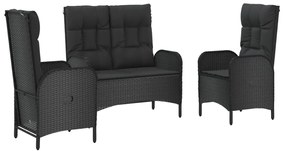 vidaXL Σετ Τραπεζαρίας Κήπου 3 τεμ. Μαύρο Συνθετικό Ρατάν με Μαξιλάρια