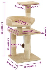 vidaXL Γατόδεντρο Μπεζ 65 εκ. με Στύλους Ξυσίματος από Σχοινί Σιζάλ