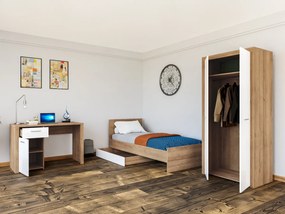 Σετ επίπλων Boston AK124, Riviera δρυς, Γυαλιστερό λευκό, Πλαστικοποιημένη μοριοσανίδα, Πόρτες ντουλάπας: Με μεντεσέδες, Αποθηκευτικός χώρος, 90x200