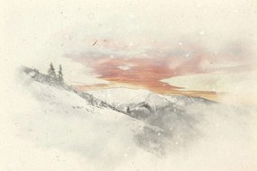 Εικόνα ηλιοβασίλεμα πάνω από χιονισμένα βουνά - 90x60