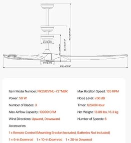 VEVOR 72" Wood Blade Ceiling Fan No Light Remote Control Reversible Motor Black