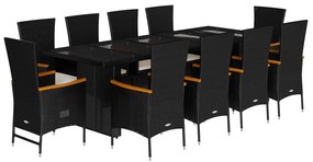 vidaXL Σετ Τραπεζαρίας Κήπου 11 τεμ Μαύρο από Συνθ. Ρατάν με Μαξιλάρια