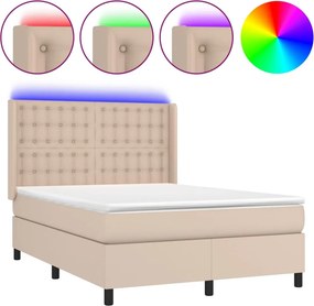 vidaXL Κρεβάτι Boxspring Στρώμα&amp;LED Καπουτσίνο 140x190 εκ. Συνθ. Δέρμα