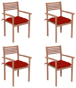Καρέκλες Κήπου 4 τεμ. από Μασίφ Ξύλο Teak με Κόκκινα Μαξιλάρια