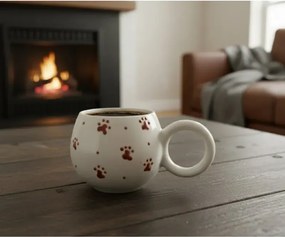 Χειροποίητη κεραμική κούπα με ανάγλυφο κόκκινο πατούσα Λευκό