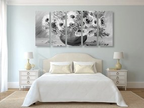 Ελαιογραφία 5 μερών με καλοκαιρινά λουλούδια σε ασπρόμαυρο