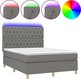vidaXL Κρεβάτι Boxspring με Στρώμα &amp; LED Σκ.Γκρι 140x190εκ. Υφασμάτινο
