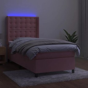 vidaXL Κρεβάτι Boxspring με Στρώμα &amp; LED Ροζ 90x200 εκ. Βελούδινο