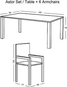 Set Astor (Τραπ.+ 6 Πολ.) Μετ.Ανθρακί Μαξ.μπέζ Table:150x90x70 Armch:58x77x94