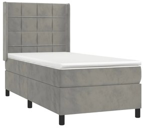 vidaXL Κρεβάτι Boxspring με Στρώμα Ανοιχτό Γκρι 90x190 εκ. Βελούδινο