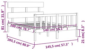 Πλαίσιο Κρεβατιού με Κεφαλάρι Μαύρο 140x200 εκ. Μασίφ Ξύλο - Μαύρο