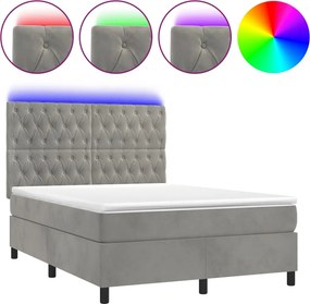 vidaXL Κρεβάτι Boxspring με Στρώμα&amp;LED Αν. Γκρι 140x190 εκ. Βελούδινο