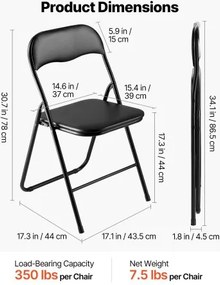 VEVOR 6 Pack Folding Chairs Portable Leather Chairs with Padded Cushion Black