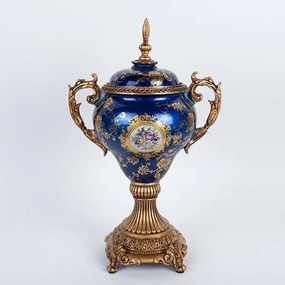 Διακοσμητικό Μπωλ Με Πόδι Και Καπάκι Πορσελάνης-Polyresin Μπλε-Χρυσό Με Λουλούδια 28x19x50εκ. ESTHETI 752-21023