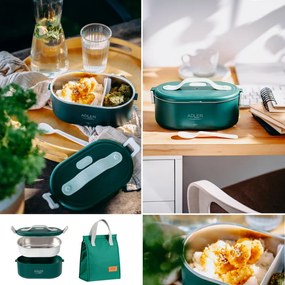 Ηλεκτρικό κουτί φαγητού Adler AD 4522, 45W, 0.8 l, Μέχρι 70C, Δοχείο από ανοξείδωτο ατσάλι, Θερμοσακούλα, Πράσινο