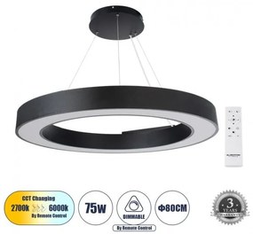 Κρεμαστό Φωτιστικό Δαχτυλίδι CCT 75W Φ80cm Αλουμίνιο Globostar 61196 Μαύρο