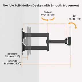 POWERTECH επιτοίχια βάση τηλεόρασης PT-1556, 23-43", έως 30kg, full motion