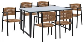 DINNING SET 7PCS GLASS TOP TABLE 160X90 &amp; ARMCHAIR IN CHARCOAL-BEIGE