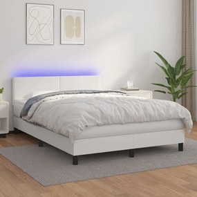 Κρεβάτι Boxspring με Στρώμα &amp; LED Λευκό 140x190 εκ. Συνθ. Δέρμα