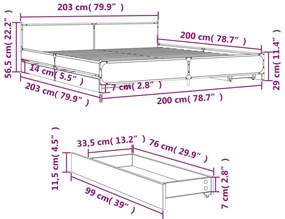 Πλαίσιο Κρεβατιού με Συρτάρια Μαύρο 200x200 εκ Επεξεργ. Ξύλο - Μαύρο