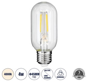 GloboStar® 99057 Λάμπα LED Long Filament E27 T45 Σωλήνας 4W 440lm 360° AC 220-240V IP20 Φ4.5 x Υ11cm Φυσικό Λευκό 4000K με Διάφανο Γυαλί - Dimmable - 3 Years Warranty