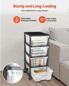 VEVOR Plastic Storage Drawers Cart 4 Drawers Rolling Storage Organizer w/ Wheels