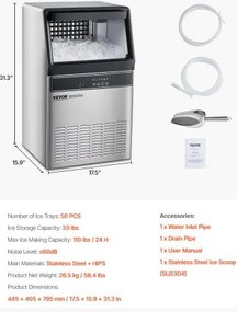 VEVOR Commercial Ice Maker Freestanding Cabinet Machine 110lbs/24H 50 Ice Cubes