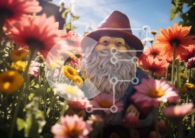 Intra Συλλεκτικό Ξύλινο Παζλ Plywood  4mm - Άγαλμα Gnome ανάμεσα σε πολύχρωμα λουλούδια Σε Ξύλινο Κουτί - Διαστάσεις: 10x10 cm – 25 κομμάτια