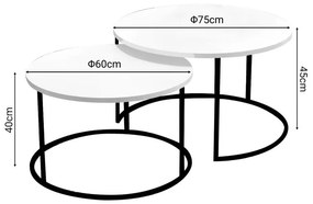 Τραπέζια σαλονιού Solme σετ 2τεμ λευκό μελαμίνης-μαύρο μέταλλο 75x75x45 εκ.