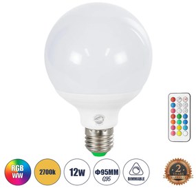 GloboStar 76071 Λάμπα LED E27 G95 Γλόμπος 12W 780lm 260° AC 220-240V IP20 Φ9.5 x Υ14cm - Εναλλαγή Φωτισμού μέσω Τηλεχειριστηρίου - Πολύχρωμο RGB+WW - 2 Years Warranty