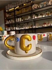 Κεραμική κούπα καφέ με γράμμα C και ματάκι καρδιάς χειροποίητη Λευκό