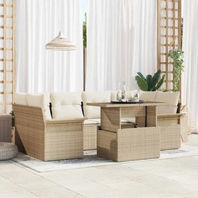 vidaXL Σετ Καναπέ Κήπου με μαξιλάρι 7 pcs Μπεζ Πολυ ράταν