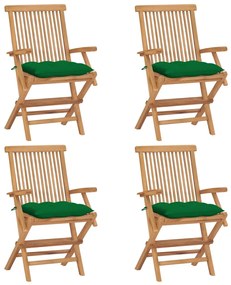 vidaXL Καρέκλες Κήπου 4 τεμ. από Μασίφ Ξύλο Teak με Πράσινα Μαξιλάρια