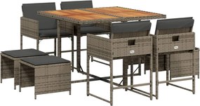 vidaXL Σετ Τραπεζαρίας Κήπου 9 τεμ. Γκρι Συνθ. Ρατάν με Μαξιλάρια