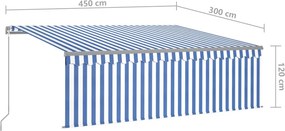 vidaXL Χειροκίνητη τέντα με ηλιακό LED 4,5 x 3 m Μπλε και Λευκή Ράβδος