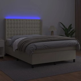 vidaXL Κρεβάτι Boxspring με Στρώμα &amp; LED Κρεμ 140x200 εκ. Συνθ. Δέρμα