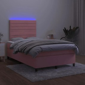 Κρεβάτι Boxspring με Στρώμα &amp; LED Ροζ 120x190 εκ. Βελούδινο - Ροζ