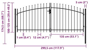 vidaXL Καγκελόπορτα Διπλή με Ακίδες Μαύρη 3 x 1,25 μ. Ατσάλινη