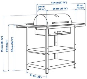 GRILLSKÄR ψησταριά κάρβουνου με 2 βοηθητικά τραπέζια/εξωτερικού χώρου, 99/123/147x61 cm 994.952.24