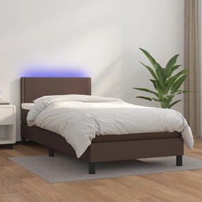 vidaXL Κρεβάτι Boxspring με Στρώμα & LED Καφέ 90x200 εκ. Συνθ. Δέρμα