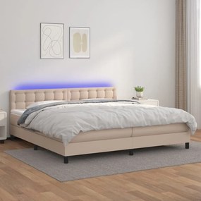 Κρεβάτι Boxspring Στρώμα&amp;LED Καπουτσίνο 200x200 εκ. Συνθ. Δέρμα - Καφέ