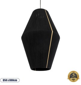 02078 GloboStar® SALERNO 02078 Boho Κρεμαστό Φωτιστικό Καμπάνα Μονόφωτο 1 x E27 IP20 Μαύρο & Μπεζ Βαμβακερό Νήμα - Μ50 x Π50 x Υ80cm
